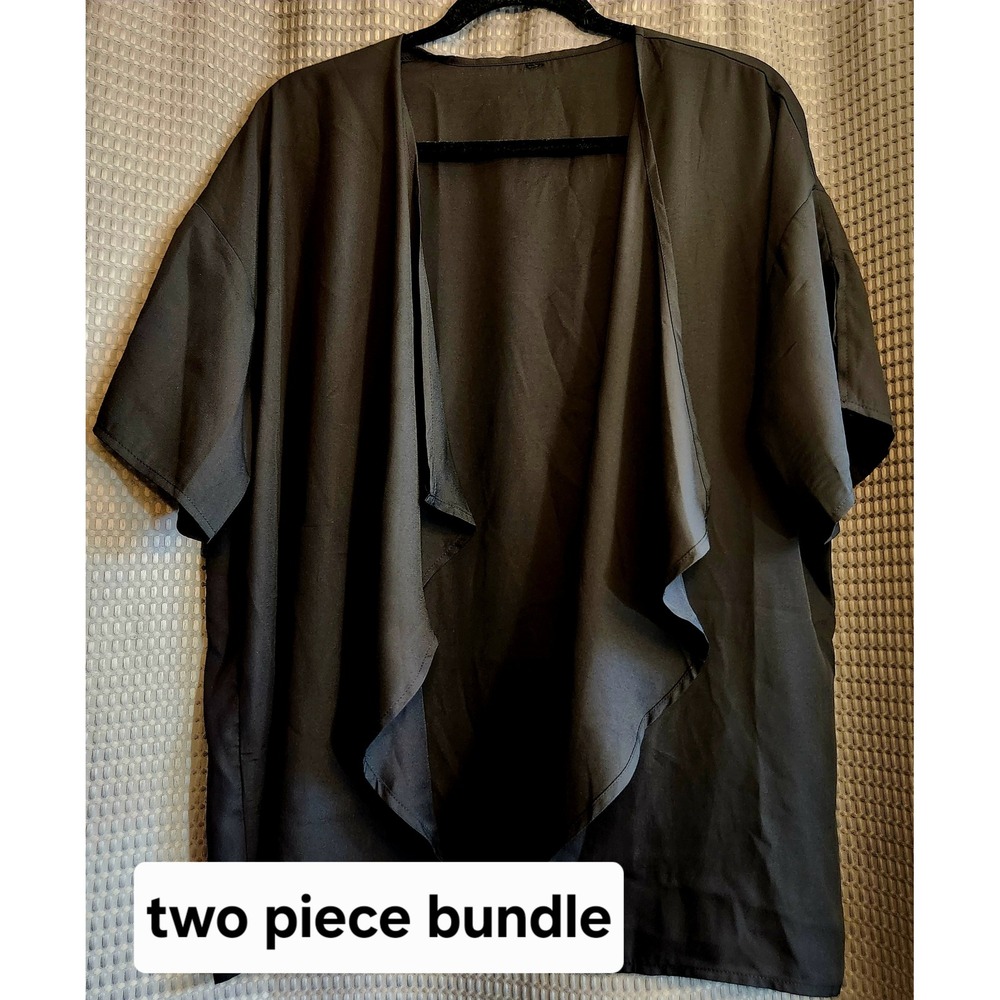 Two Piece Bundle Black Open Front Kimono Cover Up and Halter Bikini Top Set